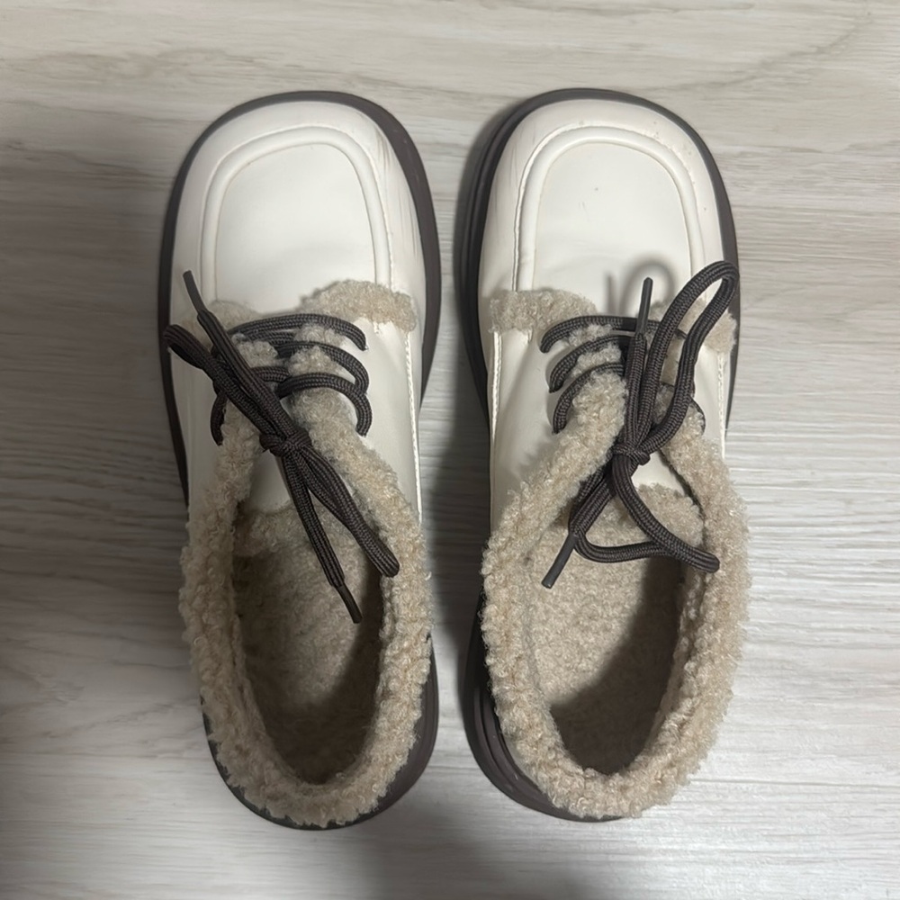 Tan Cream Cute Leather Loafers with Warm Fur Professional, Casual Wear for Women